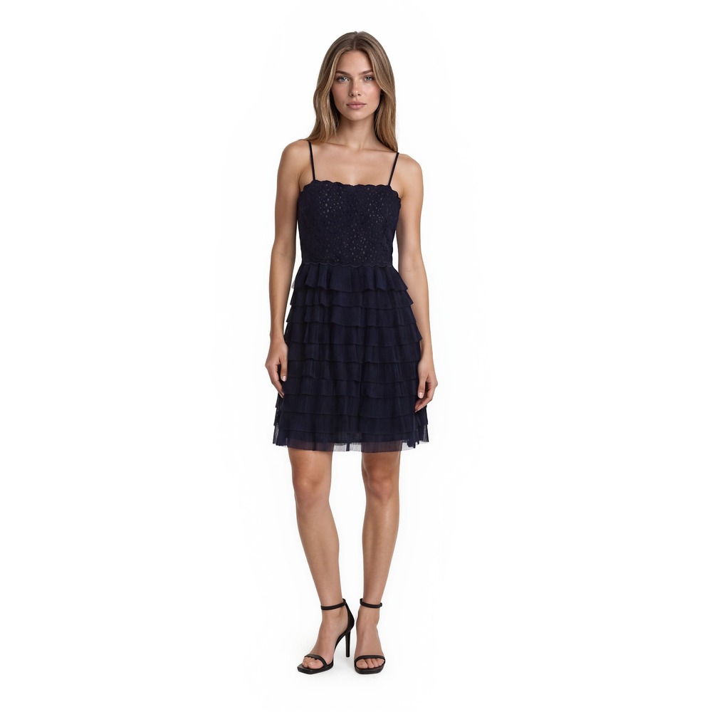 Sara Emanuel Cocktail Dress Womens Size 8 Navy Blue Lace Tiered Ruffle Fit Flare